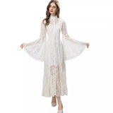 runhufu Style Collar Lace Splicing Horn Long Sleeve Long Dress Dress Spring And Summer New Women's Dress 2024