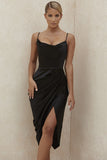 runhufu Sales 2025 Spring And Summer New Slings Solid Color V-Neck Irregularly Folded High-Waisted Dress Dress