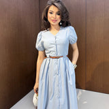 runhufu Solid-Color V-Neck Short-Sleeved Multi-Button Belt Casual Dress In Autumn 2025