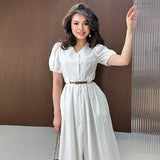 runhufu Solid-Color V-Neck Short-Sleeved Multi-Button Belt Casual Dress In Autumn 2025