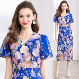 runhufu Banquet Famous Wind V-Neck Bubble Sleeves Body-Brace Hip Three-Dimensional Flower Lace Dress