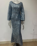 runhufu New Fashion V-Necked Hips Brighten Dress Mid-Waisted Horn Sleeve Long Evening Dress
