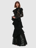 runhufu Summer New Collar Horn Long Sleeve With Waist Hollow Lace Dress Suit Woman