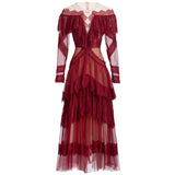 runhufu Round Collar Lotus Side Spliced Long Sleeve Elegant Lace Wine Red Dress Women's Autumn New 2025