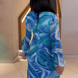 runhufu Women's Autumn V-Neck Lantern Sleeve Long-Sleeved High-Rise Fashion-Print Long Dress