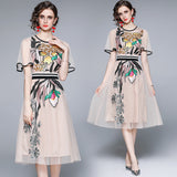 runhufu Collar Lotus Leaf Short Sleeve Heavy Industry Mesh Embroidery Flower Waist Swing Princess Style Dress 2025 Summer New