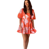 runhufu 2025 New Solid Color Square Collar Short Sleeve Graffiti Zipper Casual Dress