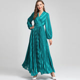 runhufu Style V-Neck Lantern Long-Sleeved With Blue Folded Dress Dress Dress Women's New Autumn/Winter 2024