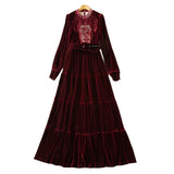 runhufu Hollow Embroidered Long-Sleeved Wine Red Velvet Princess Dress Dress Autumn And Winter Women's Dress New 2025