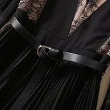 runhufu V-Neck Long-Sleeved Lace Splicing Black Irregular Swing Dress Spring And Summer Women's New 2024