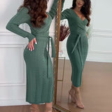 runhufu Women's Autumn V-Neck Long Sleeve Knitted High Waisted Tice With A Tinged Dress