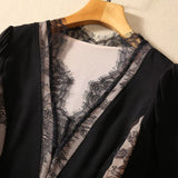 runhufu V-Neck Long-Sleeved Lace Splicing Black Irregular Swing Dress Spring And Summer Women's New 2024