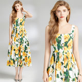 runhufu Dress 2024 Summer Vacation House Cotton Yellow Rose Print Big Swing Princess Fairy Mid-Long Dress