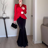 runhufu Women's Dress French Style Dress V-Neck Sexy Temperament With High-Rise Half-Body Skirt