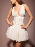 runhufu New High-End Sexy Perspective Hollow Sleeveless Dress High Waist Repair V-Neck A Dress Woman