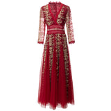 runhufu V-Neck Seven-Sleeve Embroidered Mesh Dress Dress Spring And Summer Women's New 2024