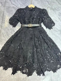 runhufu Fluffy Miniskirt 2024 Early Spring Collar Short Sleeve With Belt Water-Soluble Lace Dress Skirt