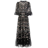 runhufu Industry Luxury Embroidery Nail Pearl Flying Sleeve Princess Long Black Dress Dress Summer Autumn Women's Dress New
