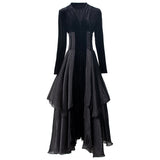 runhufu Stitching Tulle Sexy V Collar Long Sleeve Lotus Side Black Cake Dress Women's Spring 2025