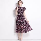 runhufu Knee Dress Women's Summer 2024 Temperament Lotus Leaf Sleeve Fashion Waist Thin Print V-Neck Dress