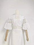 runhufu Australian Round Neck Lantern Sleeve Short Sleeve Water-Soluble Lace Splicing Holiday Style Temperament White Dress Dress