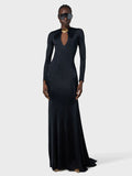 runhufu Women's Sexy V-Necked Long-Sleeved Banquet Evening Dress Dress Body-Dragging Skirt