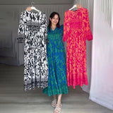 runhufu Women's Autumn New V-Necked Lantern Sleeve Print High-Waist Retro Long Dress