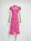 runhufu Lace Dress Women's Summer 2025 Three-Dimensional Flowers Short Sleeves To Show Thin Temperament Rose Red Dress Dress