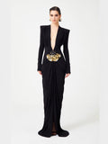 runhufu Black Long-Sleeved Hollow V-Neck Cross Dress Metal Fishtail Elegant Dress