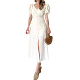 runhufu Women's Summer French V-Neck Bubble Bubble Sleeve High Waist Open Temperament With Long Dress