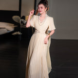 runhufu V-Neck Waist-Lined Bead Buckle With Chiffon Big Swing 100-Fold Long Dress Spring And Summer Women's Dress 2025