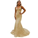 runhufu Ball Dress Body-Bagged Fishtail Small Tail Evening Dress Fine Shoulder-Band V-Neck Party Dress