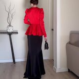 runhufu Women's Dress French Style Dress V-Neck Sexy Temperament With High-Rise Half-Body Skirt