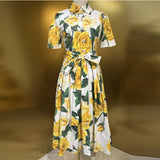 runhufu Rose Print Short Sleeve Single Buckle With Waist Cotton Dress Spring And Summer Women's New 2024