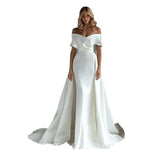 The New Light Wedding Dress Stite Long Tail Temperament Simple Hepburn Style Presided Over The Word Shoulder Wedding Dress Summer