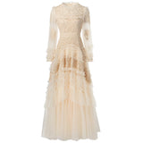 runhufu Industry Three-Dimensional Flower Hollow Long-Sleeved Lotus Side Princess Wind Apricot Dress New Women's Autumn And Winter 2024