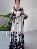 runhufu Summer Summer V-Neck Button Black And White Printed Dress
