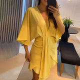runhufu Summer New Women's Fashion V-Neck Simple Irregular Dress