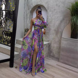 runhufu New Women's Sexy Slant Shoulder Shoulder Long Sleeves Crumped Floral Dress Dress High-End Big Smash Floral Dress