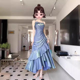 runhufu Dress New French Masquein Blue Hanging Dress Female Summer At-Aug Princess Birthday Dress