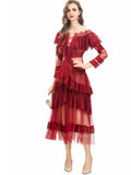 runhufu Round Collar Lotus Side Spliced Long Sleeve Elegant Lace Wine Red Dress Women's Autumn New 2025