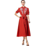 runhufu Industry Embroidered Flower Lily Collar Short Sleeve Tie Tight Waist High Dress Station Spring And Summer Woman 2025