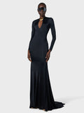 runhufu Women's Sexy V-Necked Long-Sleeved Banquet Evening Dress Dress Body-Dragging Skirt