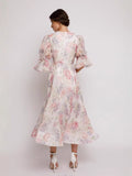 runhufu Style Dress 2025 Summer V-Neck Bubble Sleeves Mid-Sleeve Fresh Sweet Three-Dimensional Flower Print Dress