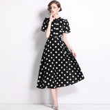 runhufu Lotle Leaf Short-Sleeved Single Buckle Tidling With Belt Dot Wave Point Princess Wind Swing Dress 2024 Summer New