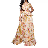 runhufu Women's New Stylish Elegant Fine Shoulder With Lotus Leaf Side V-Neck Print Dress