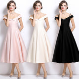 runhufu Temperament Gold And White Shoulder Sling Dress Female Senior Feeling Princess Waist Dress