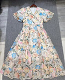 runhufu Dress 2025 Summer Seaside Vacation V Collar Bubble Sleeves Short Sleeve Splicing Big Swing Long Skirt Tide