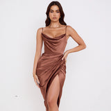 runhufu Sales 2025 Spring And Summer New Slings Solid Color V-Neck Irregularly Folded High-Waisted Dress Dress