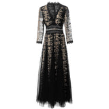 runhufu V-Neck Seven-Sleeve Embroidered Mesh Dress Dress Spring And Summer Women's New 2024